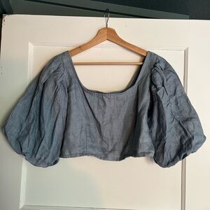 Blue Puff Sleeve Linen Blouse